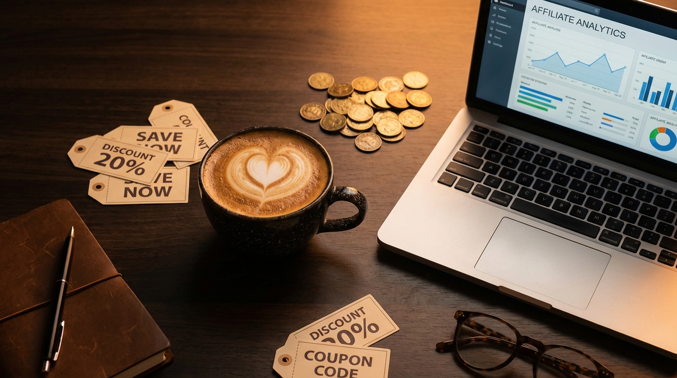 Doppio espresso coffee with affiliate marketing workspace - representing double savings